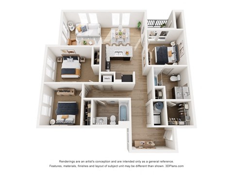 Floor plan for 3 beds, 2 baths, 1147 sqft